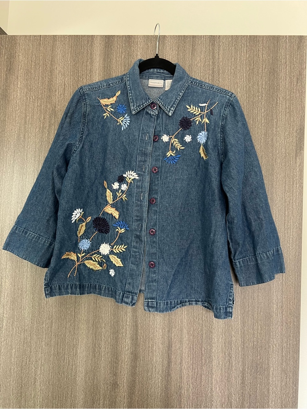 Passport Embroidered Denim Jacket in Blue with Yellow Accents